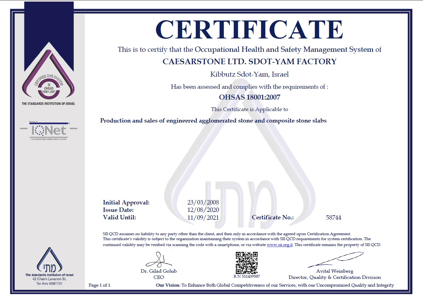 Caesarstone. Certifikat OHSAS 18001:2007